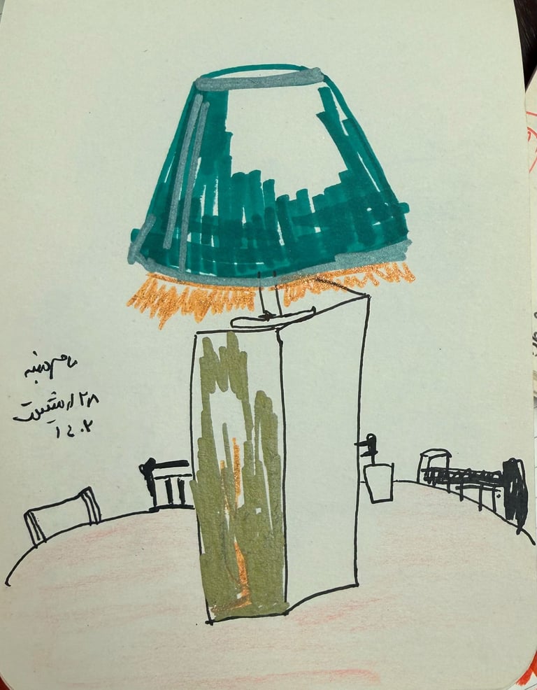Childs drawing of a lamp with a turquoise pleated shade and orange trim on a rectangular base with green detail